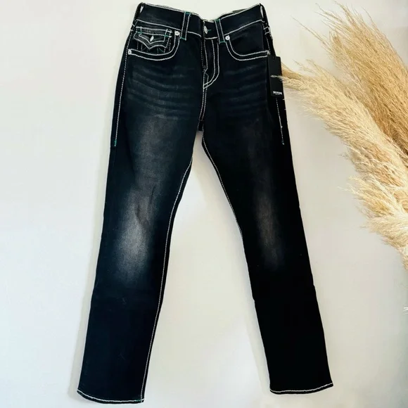 NEW TRUE RELIGION MENS Black White Ricky Relaxed Straight Leg Denim Jeans 30
